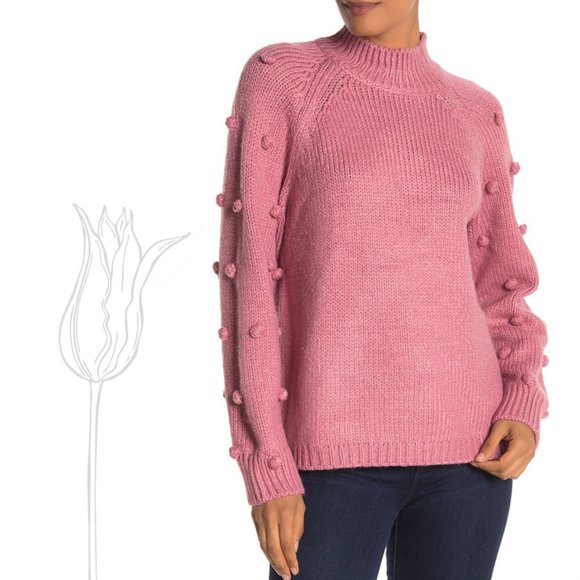 CeCe Light Pink Pompom Sleeve Mock Neck Sweater L - Picture 1 of 10